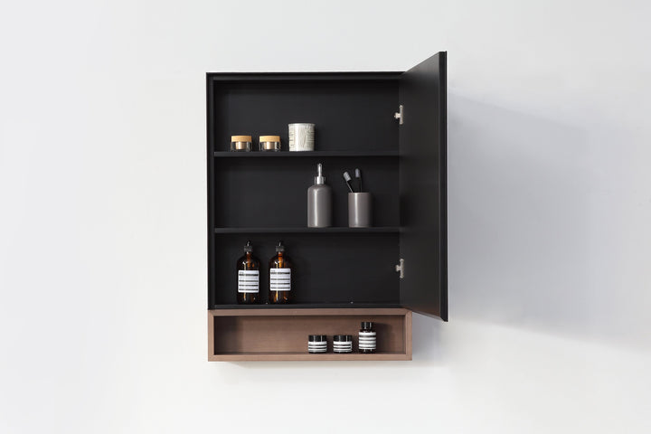 Bergen 24" Medicine Cabinet in Matte Black with Chestnut Oak Wood Shelf