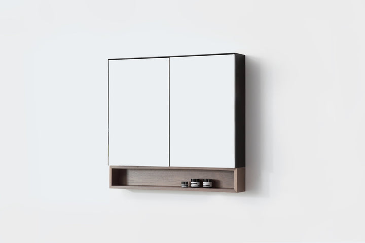 Bergen 36" Medicine Cabinet in Matte Black with Chestnut Oak Wood Shelf