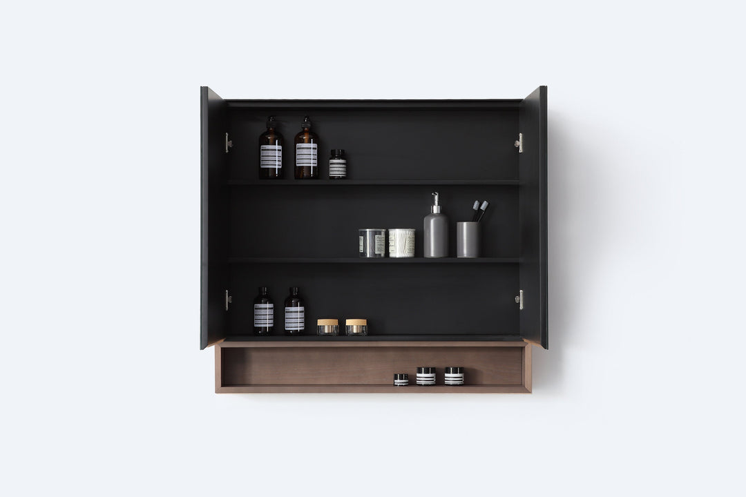 Bergen 36" Medicine Cabinet in Matte Black with Chestnut Oak Wood Shelf