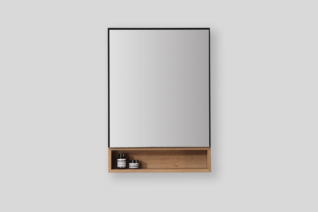 Bergen 24" Medicine Cabinet in Matte Black with Pecan Oak Wood Shelf
