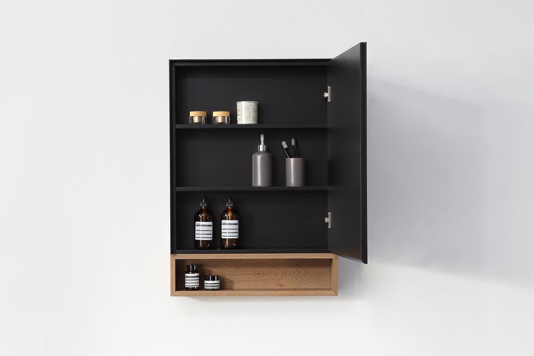 Bergen 24" Medicine Cabinet in Matte Black with Pecan Oak Wood Shelf