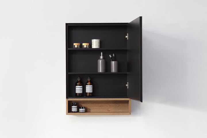 Bergen 24" Medicine Cabinet in Matte Black with Pecan Oak Wood Shelf