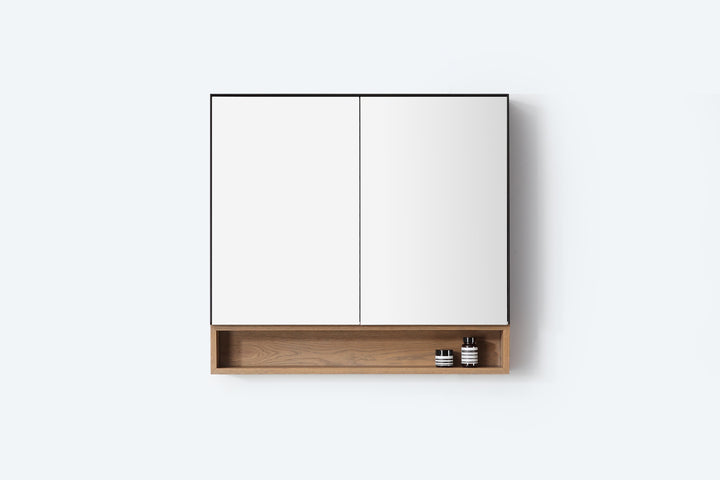Bergen 36" Medicine Cabinet in Matte Black with Pecan Oak Wood Shelf