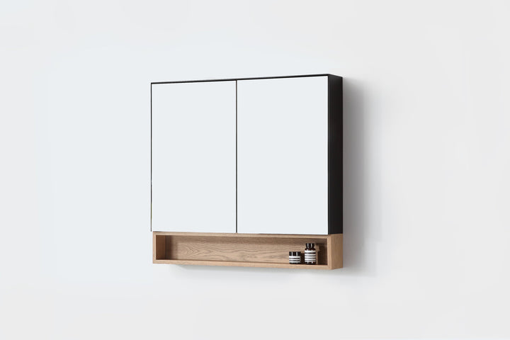 Bergen 36" Medicine Cabinet in Matte Black with Pecan Oak Wood Shelf