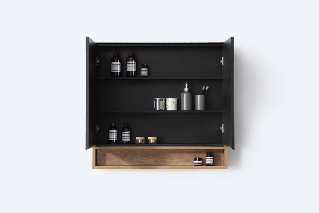 Bergen 36" Medicine Cabinet in Matte Black with Pecan Oak Wood Shelf
