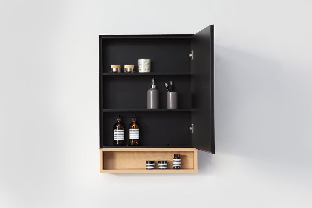 Bergen 24" Medicine Cabinet in Matte Black with Whitewash Oak Wood Shelf