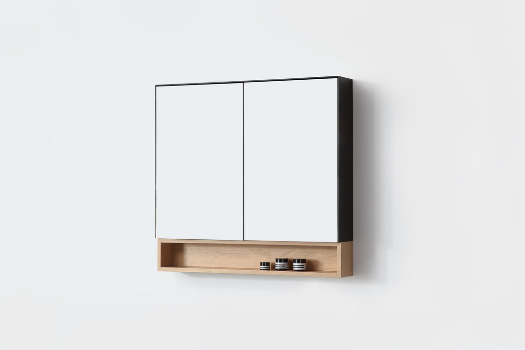 Bergen 36" Medicine Cabinet in Matte Black with Whitewash Oak Wood Shelf