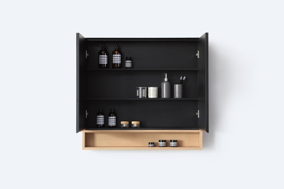 Bergen 36" Medicine Cabinet in Matte Black with Whitewash Oak Wood Shelf