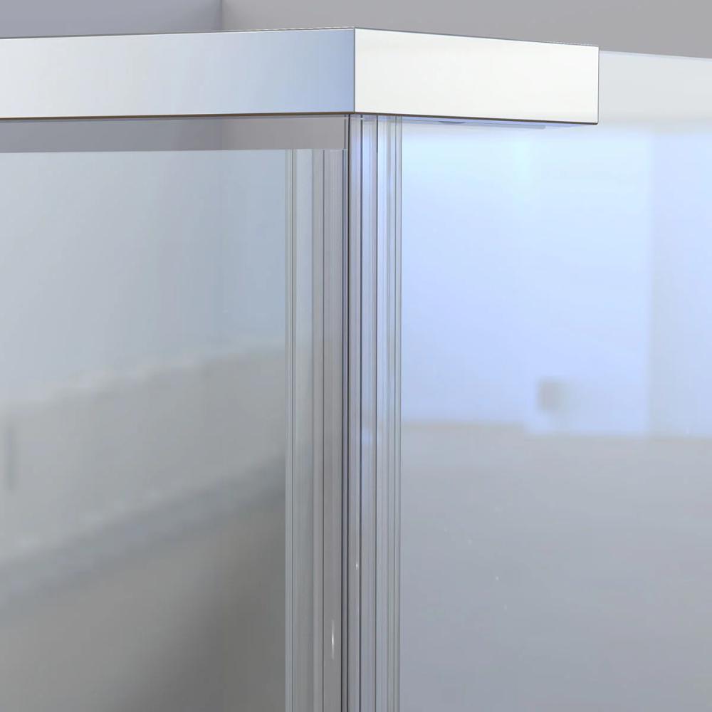 Close-up of the Maggie Neo Angle Hinged Shower Door’s glass corner with a sleek metal frame, showcasing clean lines and a modern, minimalistic design in a light, neutral-colored room.