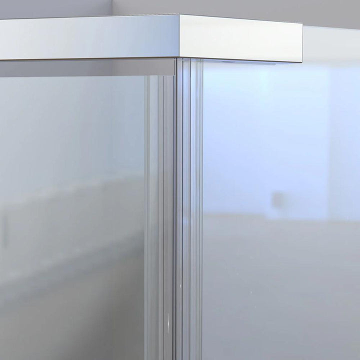 Close-up of the Maggie Neo Angle Hinged Shower Door’s glass corner with a sleek metal frame, showcasing clean lines and a modern, minimalistic design in a light, neutral-colored room.