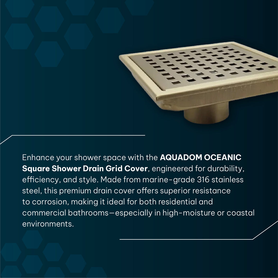 Oceanic Square Grid-Cover Shower Drain in 316 Stainless Steel