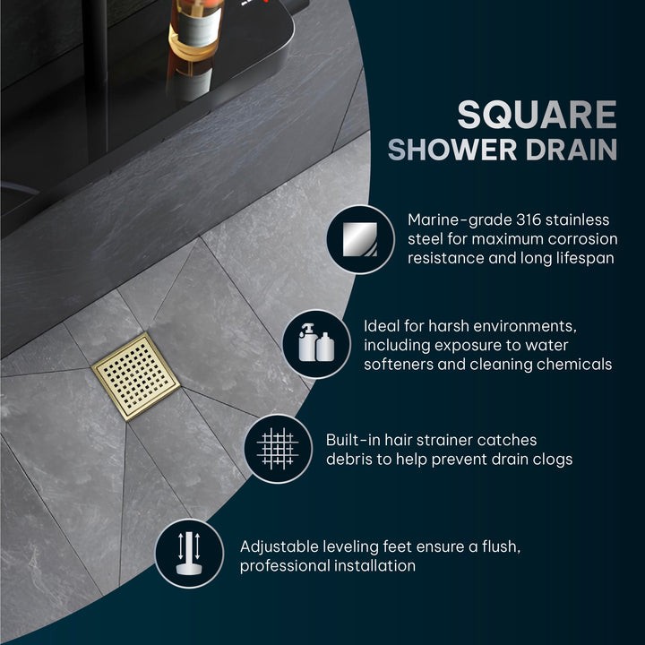 Oceanic Square Grid-Cover Shower Drain in 316 Stainless Steel