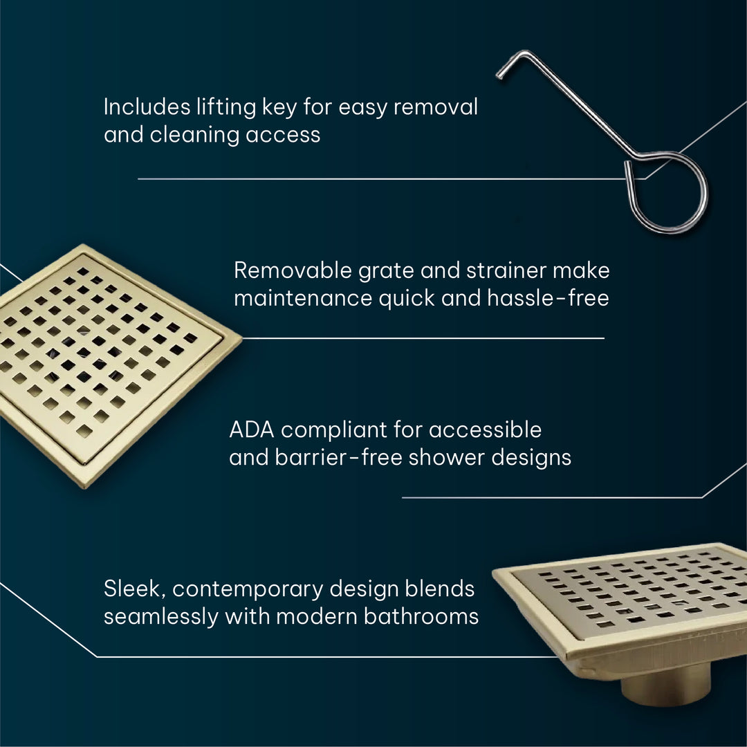 Oceanic Square Grid-Cover Shower Drain in 316 Stainless Steel