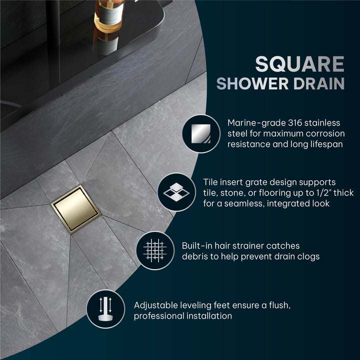 Oceanic 6" x 6" Square Tile-In Shower Drain in 316 Stainless Steel