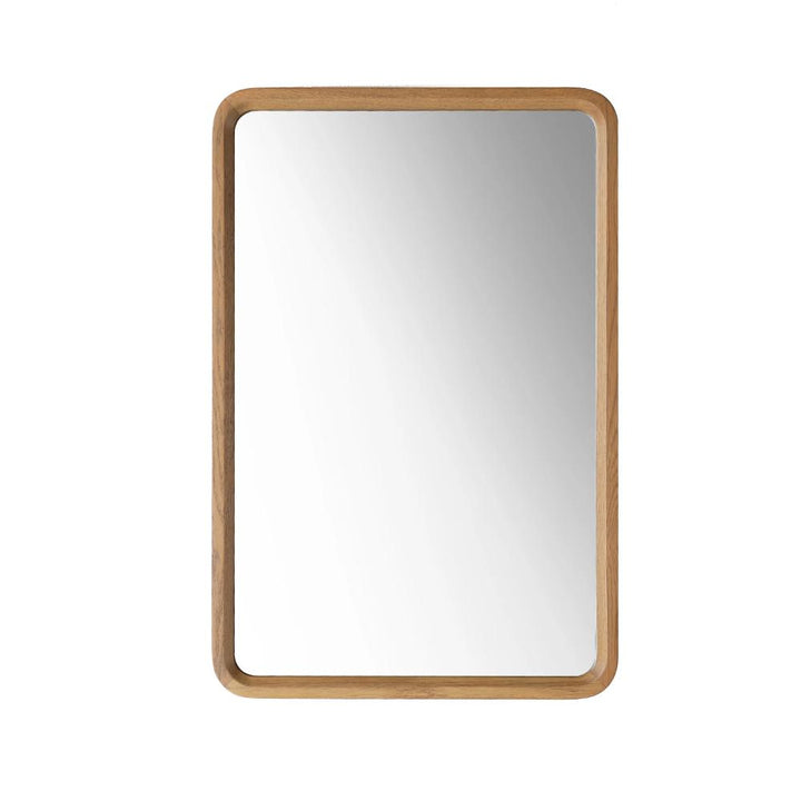 The Vela Mirrors rectangular wall mirror features a rounded wooden frame with smooth edges and a minimalist design, shown against a plain white background.
