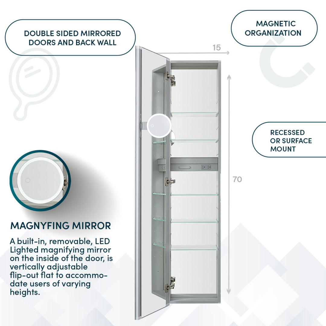 The Royale 15×70 inch Side Tall Medicine Cabinet features double-sided mirrored doors, glass shelves, a removable LED magnifying mirror, magnetic organization, and options for recessed or surface mounting.