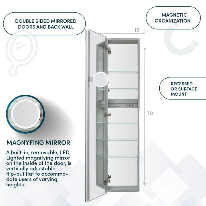 The Royale 15×70 inch Side Tall Medicine Cabinet features double-sided mirrored doors, glass shelves, a removable LED magnifying mirror, magnetic organization, and options for recessed or surface mounting.