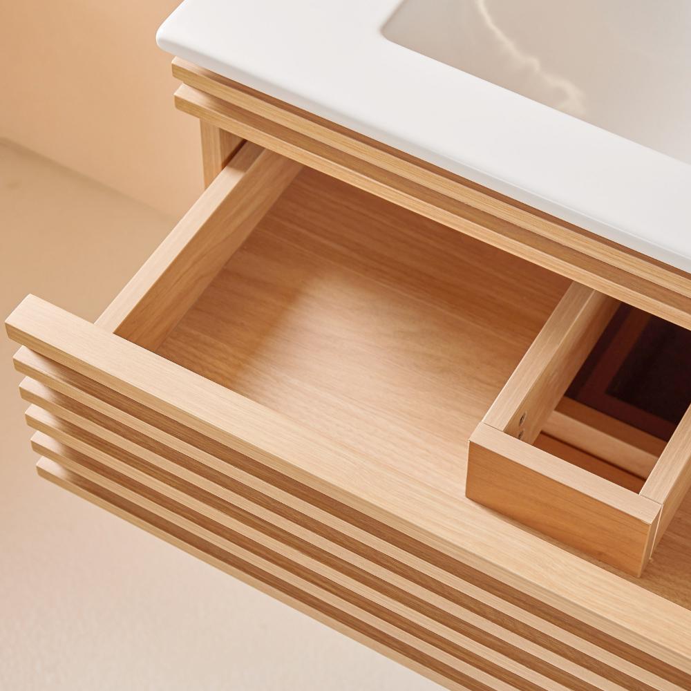 wooden drawer of the Linea 30 Inch Wall Mounted Bathroom Vanity