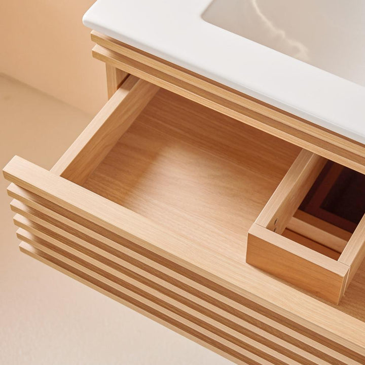 wooden drawer of the Linea 30 Inch Wall Mounted Bathroom Vanity