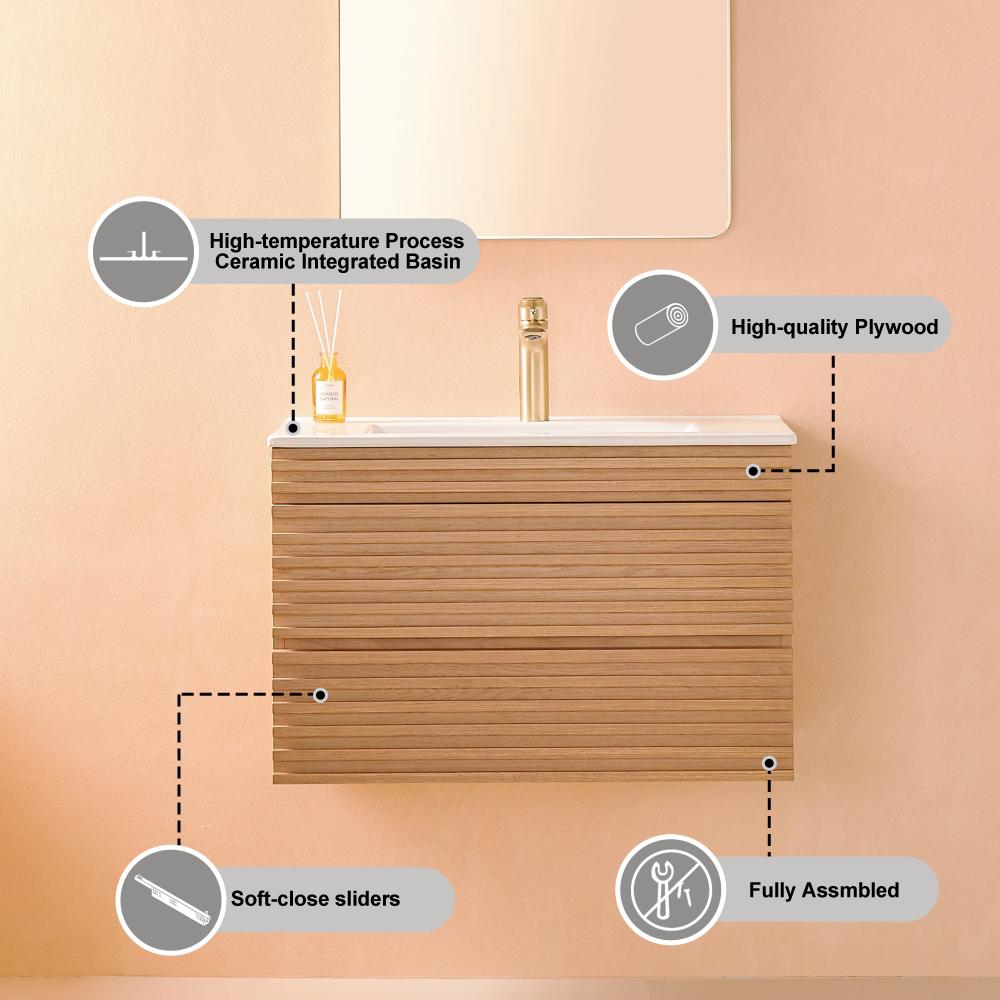 The Linea 30 Inch Wall Mounted Bathroom Vanity features a wood-textured finish, ceramic basin, premium plywood, and soft-close sliders—delivered fully assembled and ready for installation.