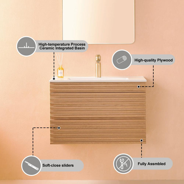The Linea 30 Inch Wall Mounted Bathroom Vanity features a wood-textured finish, ceramic basin, premium plywood, and soft-close sliders—delivered fully assembled and ready for installation.