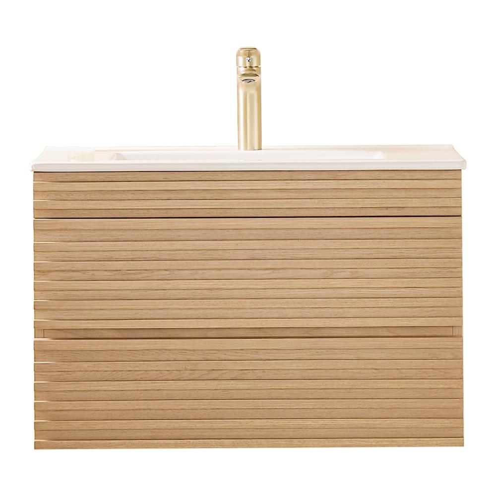 The Linea 30 Inch Wall Mounted Bathroom Vanity has a modern horizontal slatted light wood finish, a white countertop, and a single centered faucet.