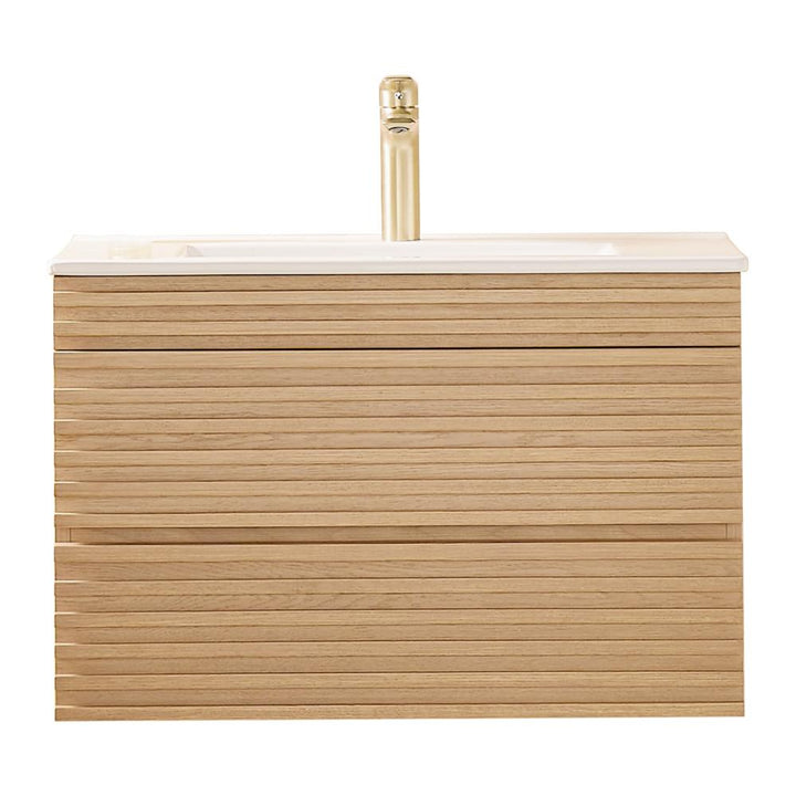 The Linea 30 Inch Wall Mounted Bathroom Vanity has a modern horizontal slatted light wood finish, a white countertop, and a single centered faucet.