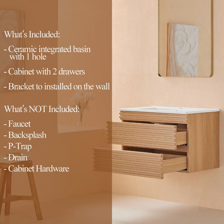 The Linea 30 Inch Wall Mounted Bathroom Vanity features two open wood drawers and a ceramic basin, displayed with a mirror against a peach wall next to a white vase with flowers; included and excluded items are listed.