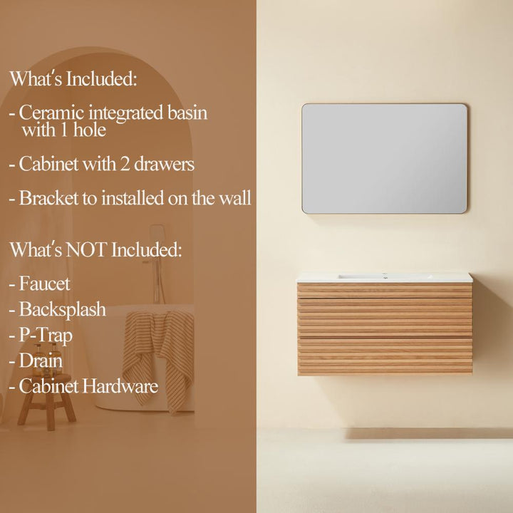 The Linea 36 Inch Wall Mounted Bathroom Vanity includes a ceramic basin and a wooden cabinet with two drawers. Set does not include a mirror. Please refer to the product listing for complete details on what is included and excluded.