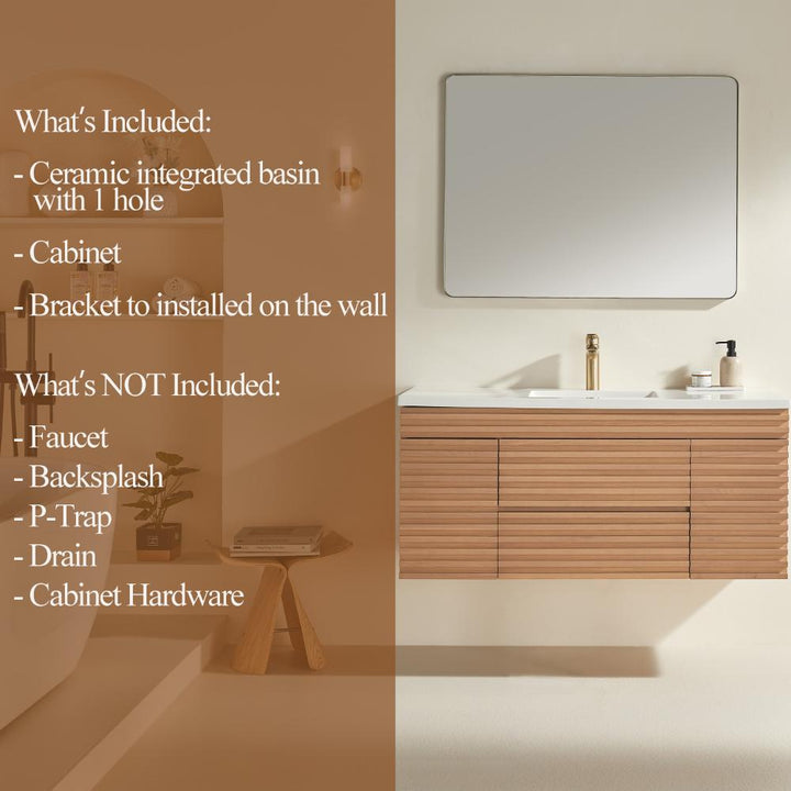 Modern bathroom with the Linea 48 Inch Wall Mounted Bathroom Vanity, a floating wood design, rectangular mirror, and gold faucet. Left side lists included (basin, cabinet, bracket) and not included (faucet, backsplash, hardware) items.