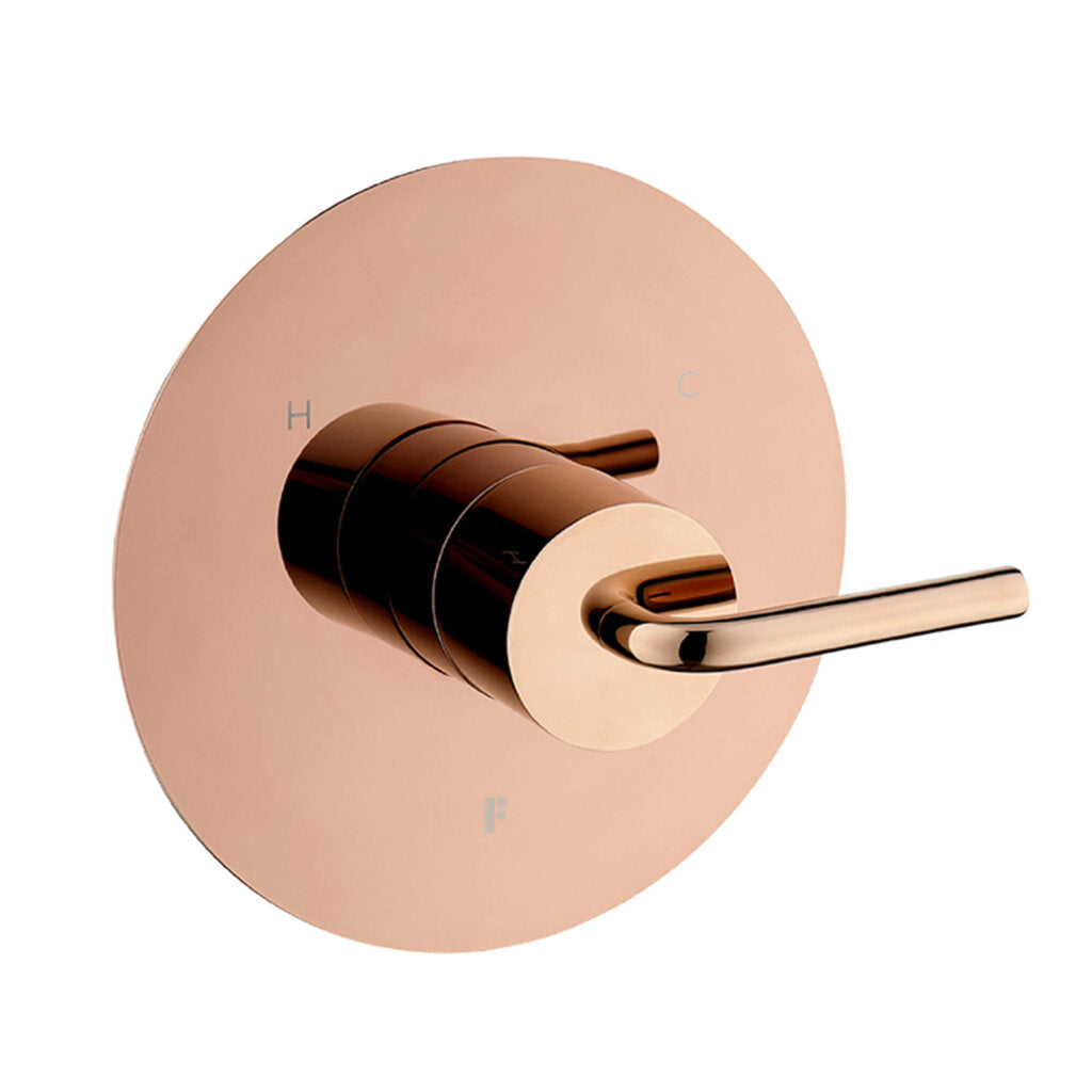 The GeoFlow Round Shower System features a rose gold, round mixer tap with a single lever handle. Its smooth plate has etched H and C for hot and cold, plus an F label, blending style and function in one elegant design.