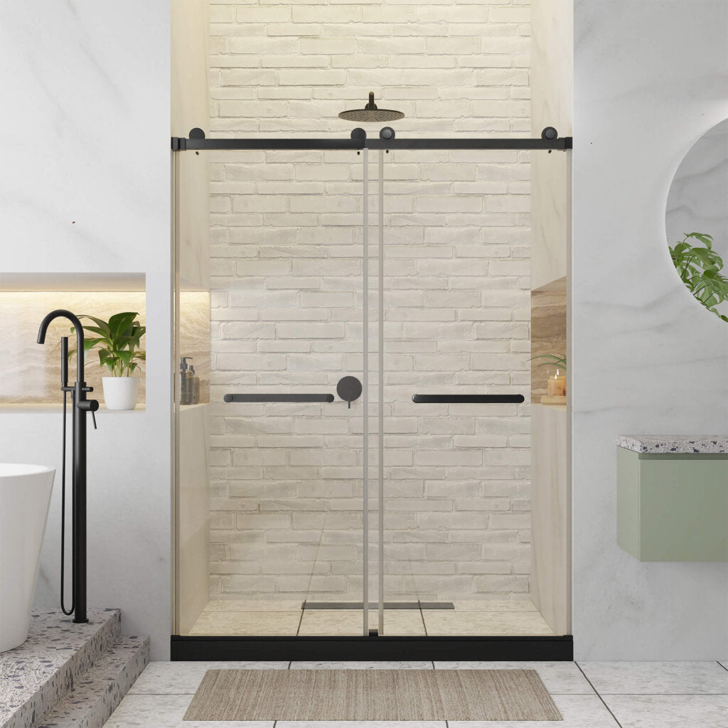 A modern bathroom with a Shower Door Double Sliding Frameless enclosure, white brick wall, black showerhead, two potted plants on built-in shelves, round mirror, freestanding tub with black faucet, and a beige rug on the floor.