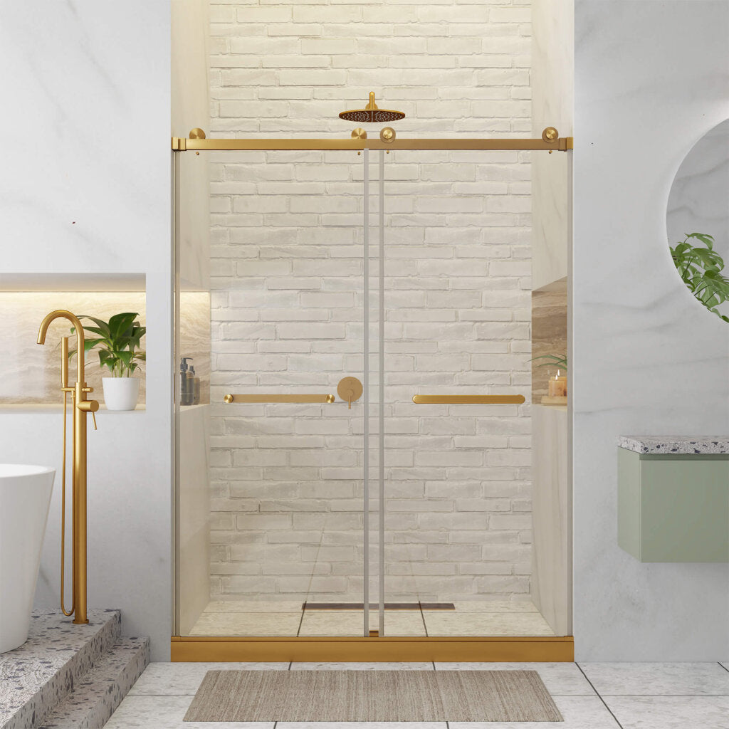 A modern shower featuring the Shower Door Double Sliding Frameless with gold hardware, white brick wall tiles, a rainfall showerhead, minimalist decor, visible green plants, and a gold faucet near the tub.