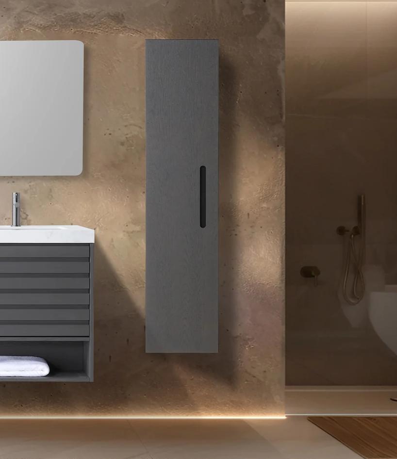 Modern bathroom with a floating gray vanity, rectangular mirror, Cartisan Design Side Cabinets, and a shower area highlighted by warm ambient lighting.