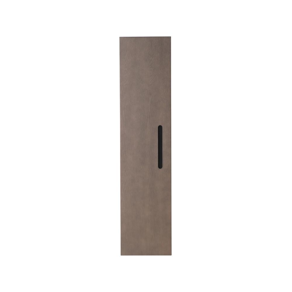 A tall, rectangular, brown wooden door with a vertical black handle, centered on a plain white background.