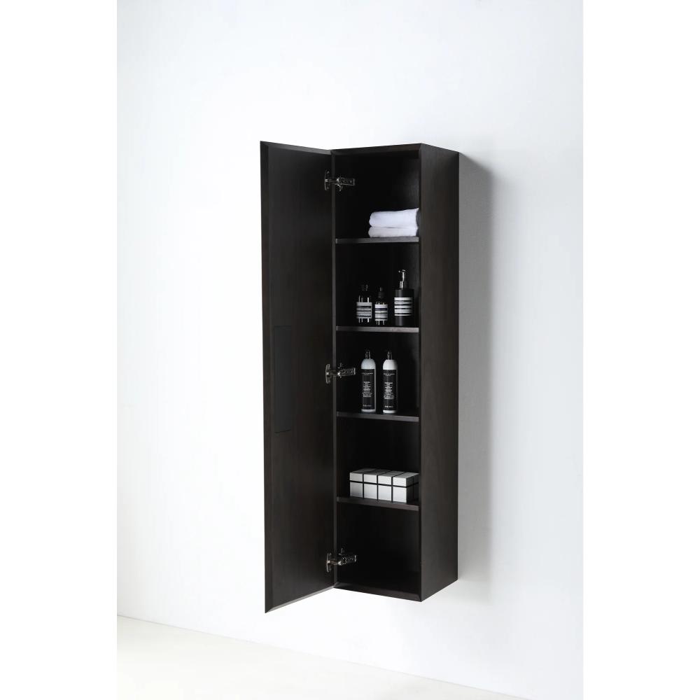 The Cartisan Design Side Cabinet, tall and dark wooden with one open door, displays four shelves holding towels, bottles, jars, and small boxes against a plain white background.