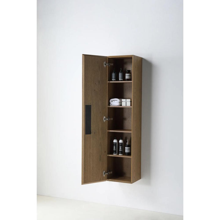 The Cartisan Design Side Cabinets are wooden, wall-mounted cabinets with open doors, showing three shelves filled with toiletries, towels, and bottles against a plain white background.