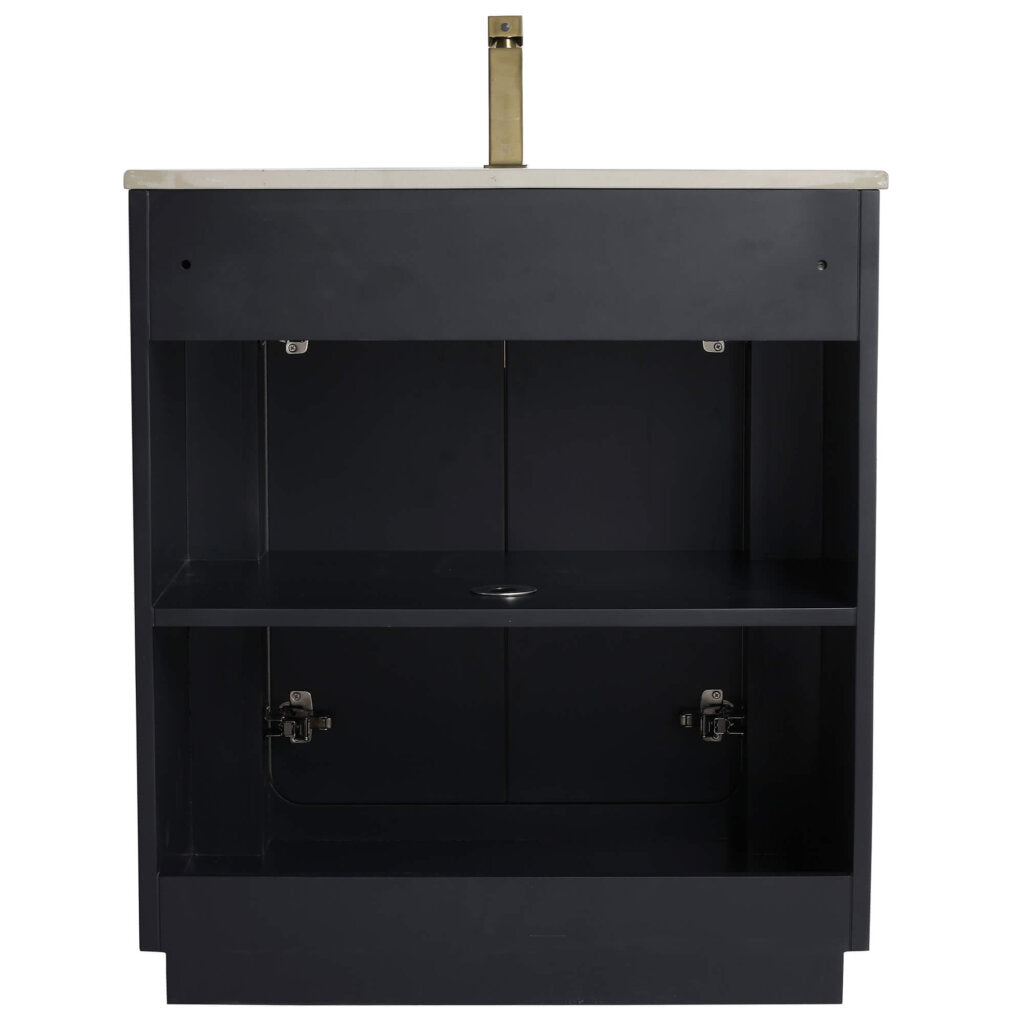 The Shireplace 30 Inch Bathroom Vanity With Sink features a black finish, open shelving, marble countertop, and brass faucet. It offers ample storage space with door hinges that easily accommodate plumbing needs.