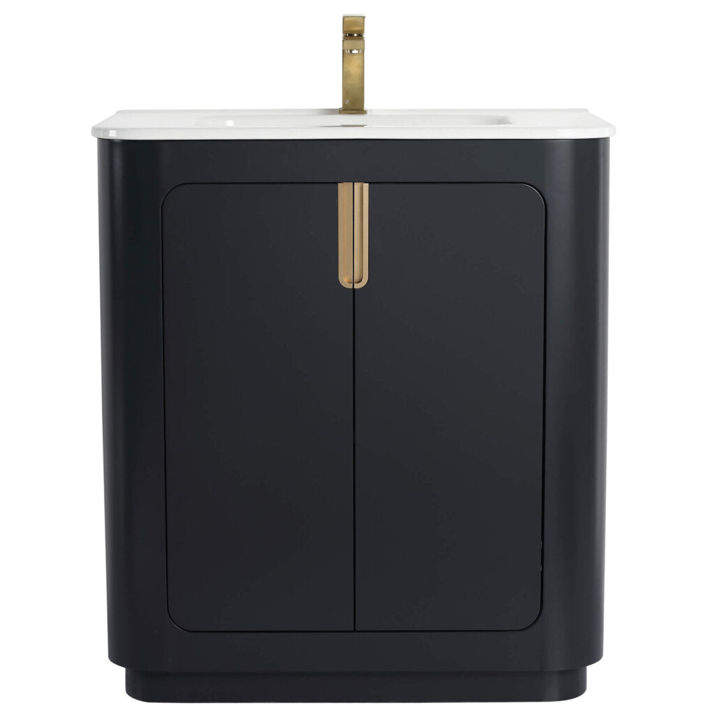 The Shireplace 30 Inch Bathroom Vanity With Sink features a sleek black cabinet, gold handles, a white countertop, and a centrally positioned gold faucet for minimalistic elegance.