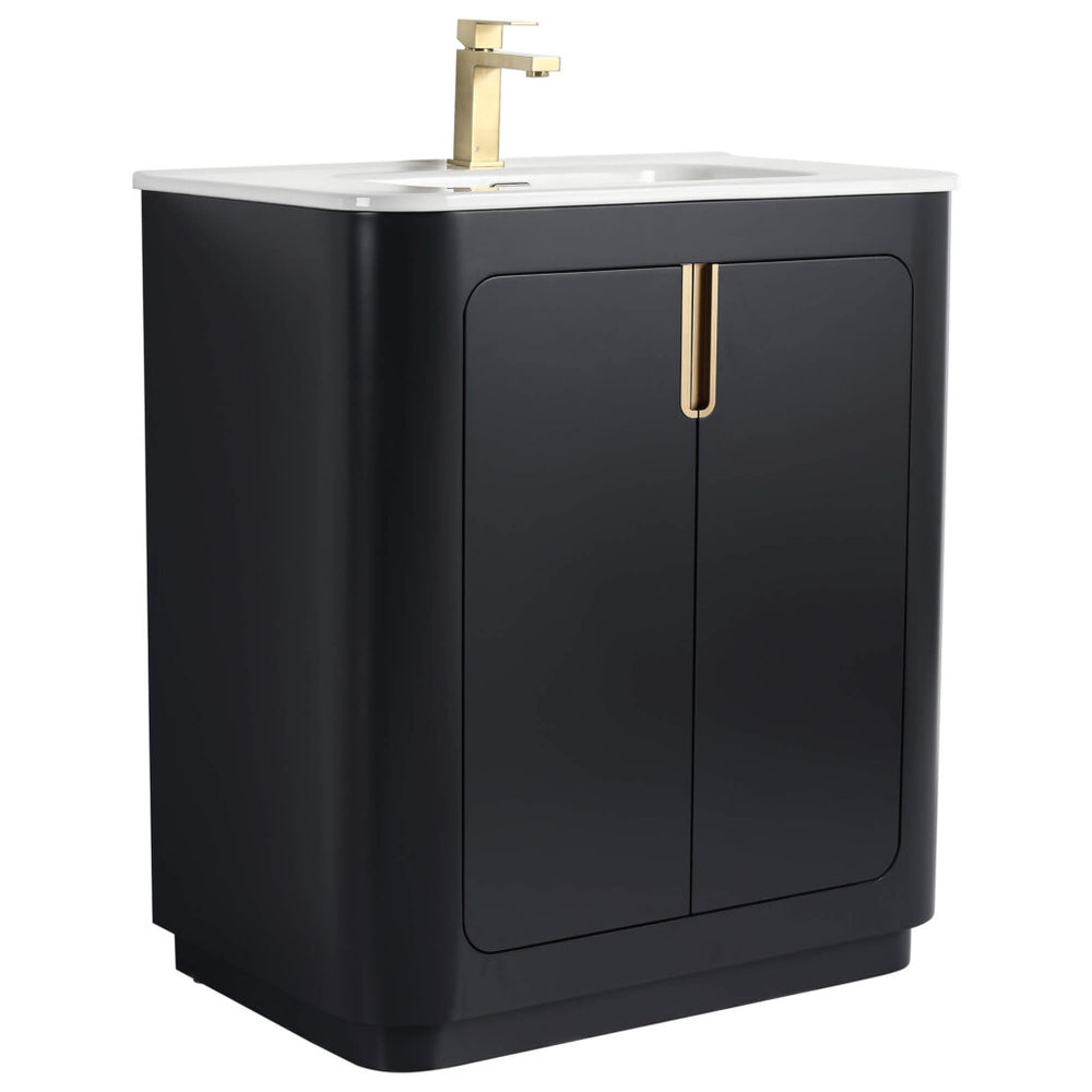 Meet the Shireplace 30 Inch Bathroom Vanity With Sink—a dark, modern piece featuring two cabinet doors with gold handles, a white countertop, and a matching gold faucet for a sleek minimalist look.
