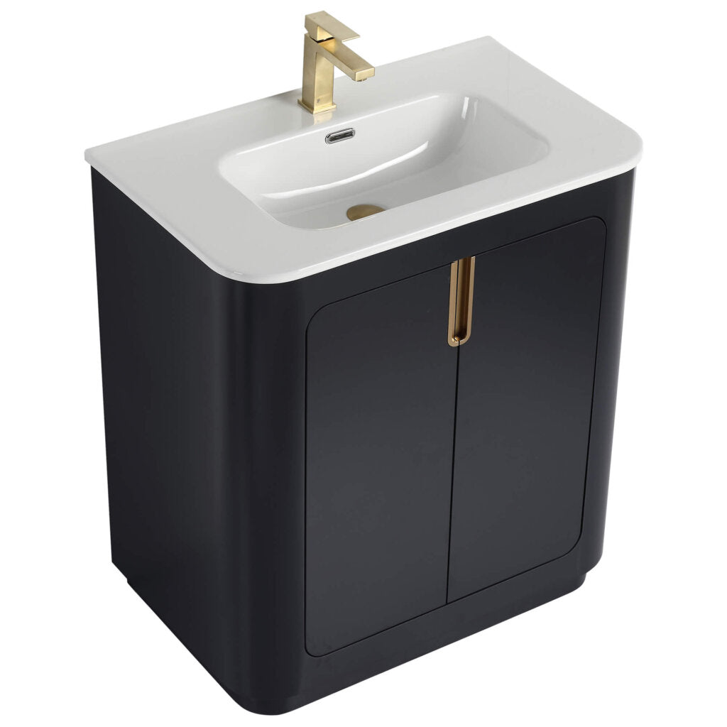 The Shireplace 30 Inch Bathroom Vanity With Sink showcases a sleek black finish and white sink, enhanced by gold faucet and cabinet handles for a modern look.