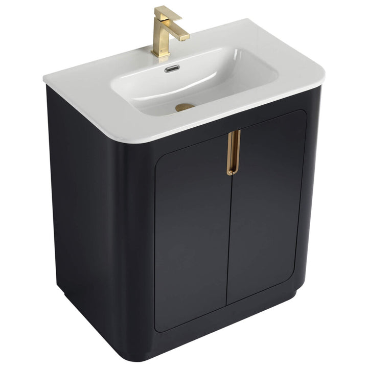The Shireplace 30 Inch Bathroom Vanity With Sink showcases a sleek black finish and white sink, enhanced by gold faucet and cabinet handles for a modern look.