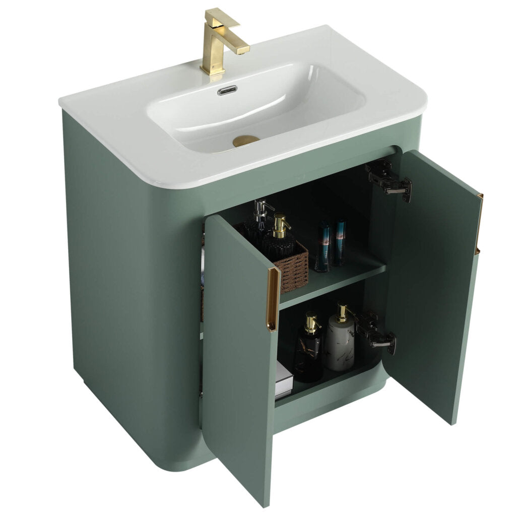 The Shireplace 30 Inch Bathroom Vanity With Sink is in fresh green with an open cabinet design. It features a white countertop, integrated sink, and modern gold-tone faucet. Inside are toiletries and a wicker basket. Gold handles on the doors enhance its elegance.