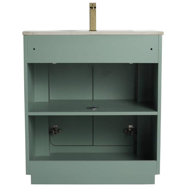 The Shireplace 30 Inch Bathroom Vanity With Sink is designed in green with a white countertop and brass faucet. It features an open design with no doors and provides two open shelves for storage—one at the middle and one at the bottom.