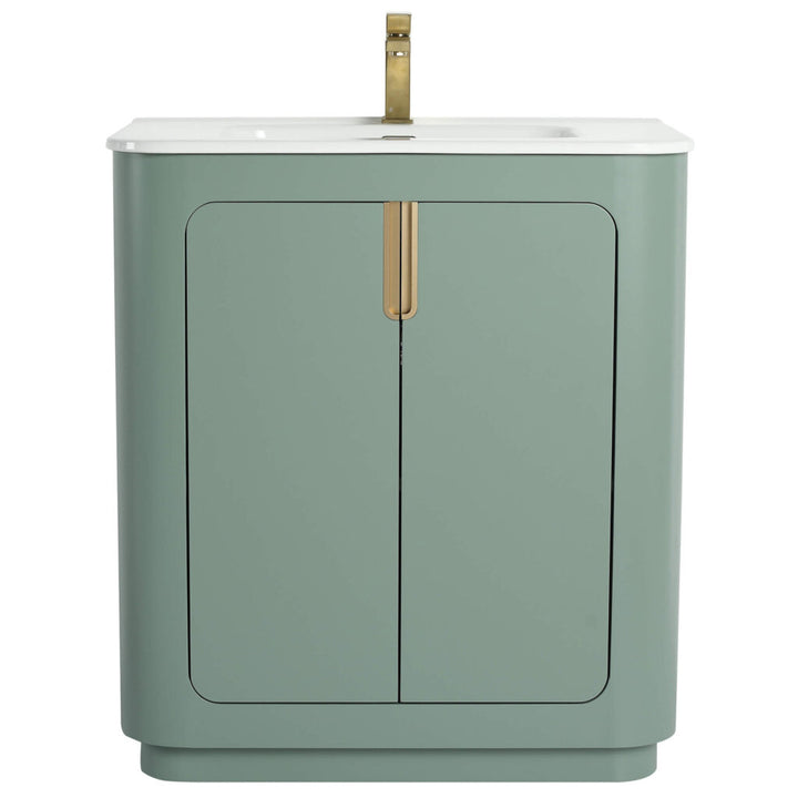 The Shireplace 30 Inch Bathroom Vanity With Sink boasts a sleek green cabinet, glossy finish, two doors, a built-in white sink, and an elegant brass faucet; its minimalist design is ideal for contemporary spaces.