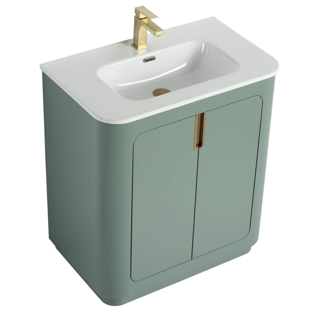 The Shireplace 30 Inch Bathroom Vanity With Sink features a sleek green cabinet with two doors and a gold handle, topped with a white basin sink and gold faucet, perfectly blending functionality and modern elegance.