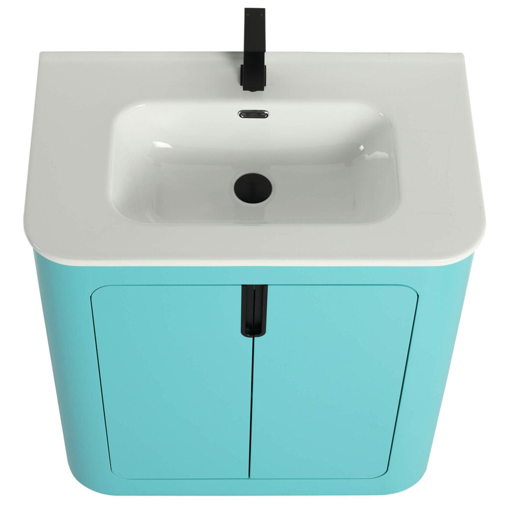 Overhead view of the Shireplace 30 Inch Bathroom Vanity with Sink highlights a modern white basin and integrated black faucet atop a light blue rectangular cabinet with two vertical doors, ideal for contemporary spaces.