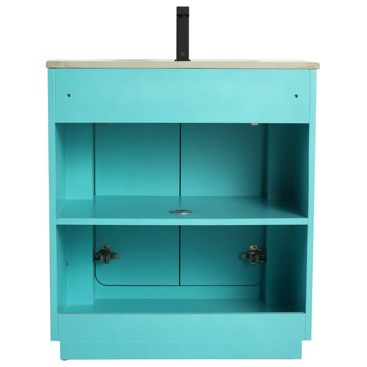 The Shireplace 30 Inch Bathroom Vanity With Sink includes a teal wooden cabinet with an open front, featuring a sleek upper shelf and spacious lower compartment with two doors. It has a beige top surface and a small black metal fixture above, combining functionality and style.
