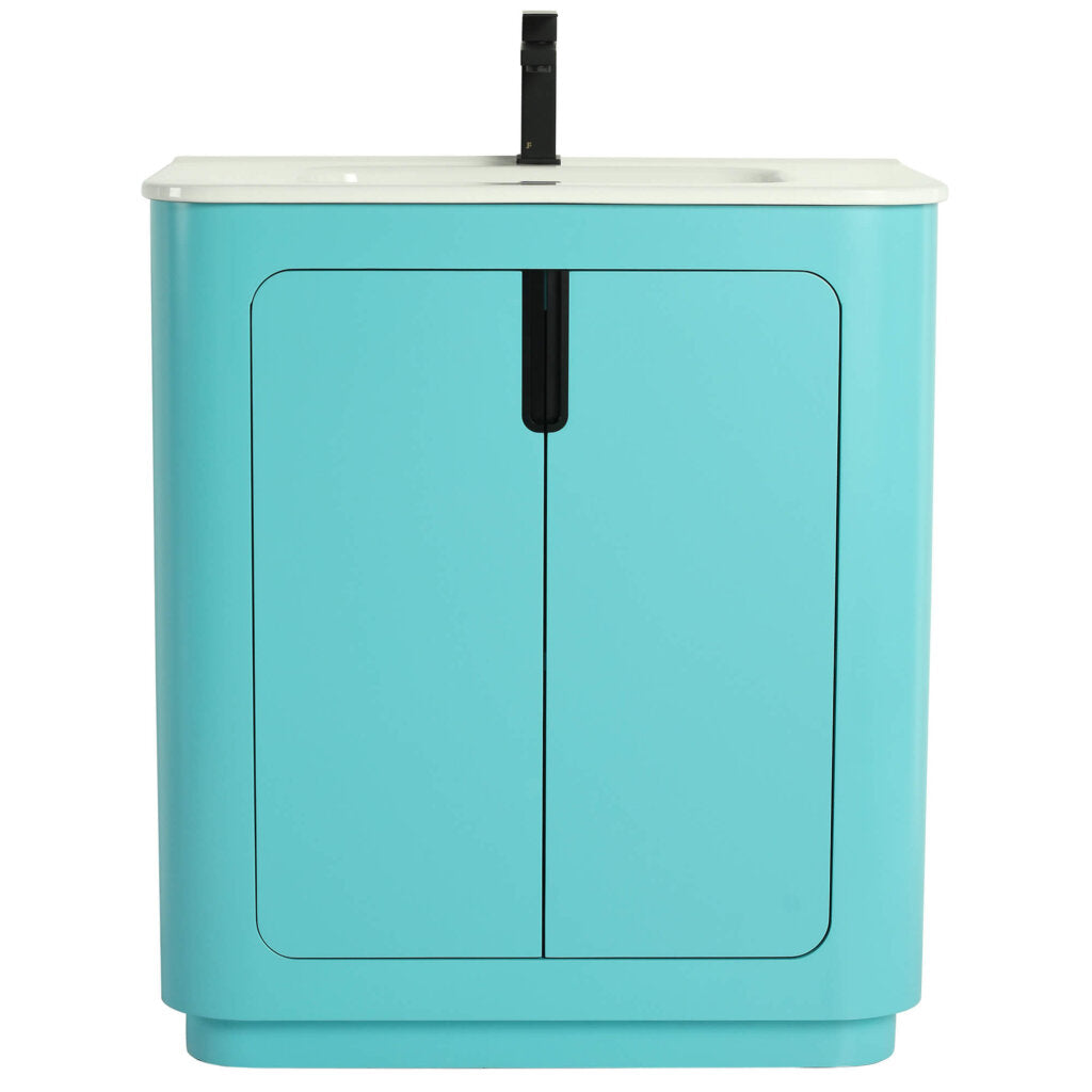 Introducing the Shireplace 30 Inch Bathroom Vanity, featuring a modern turquoise finish, two doors, and a white countertop with an integrated sink. A sleek black faucet adds a minimalist and contemporary touch.