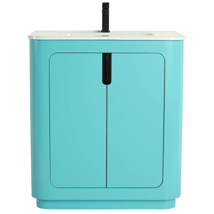 Introducing the Shireplace 30 Inch Bathroom Vanity, featuring a modern turquoise finish, two doors, and a white countertop with an integrated sink. A sleek black faucet adds a minimalist and contemporary touch.